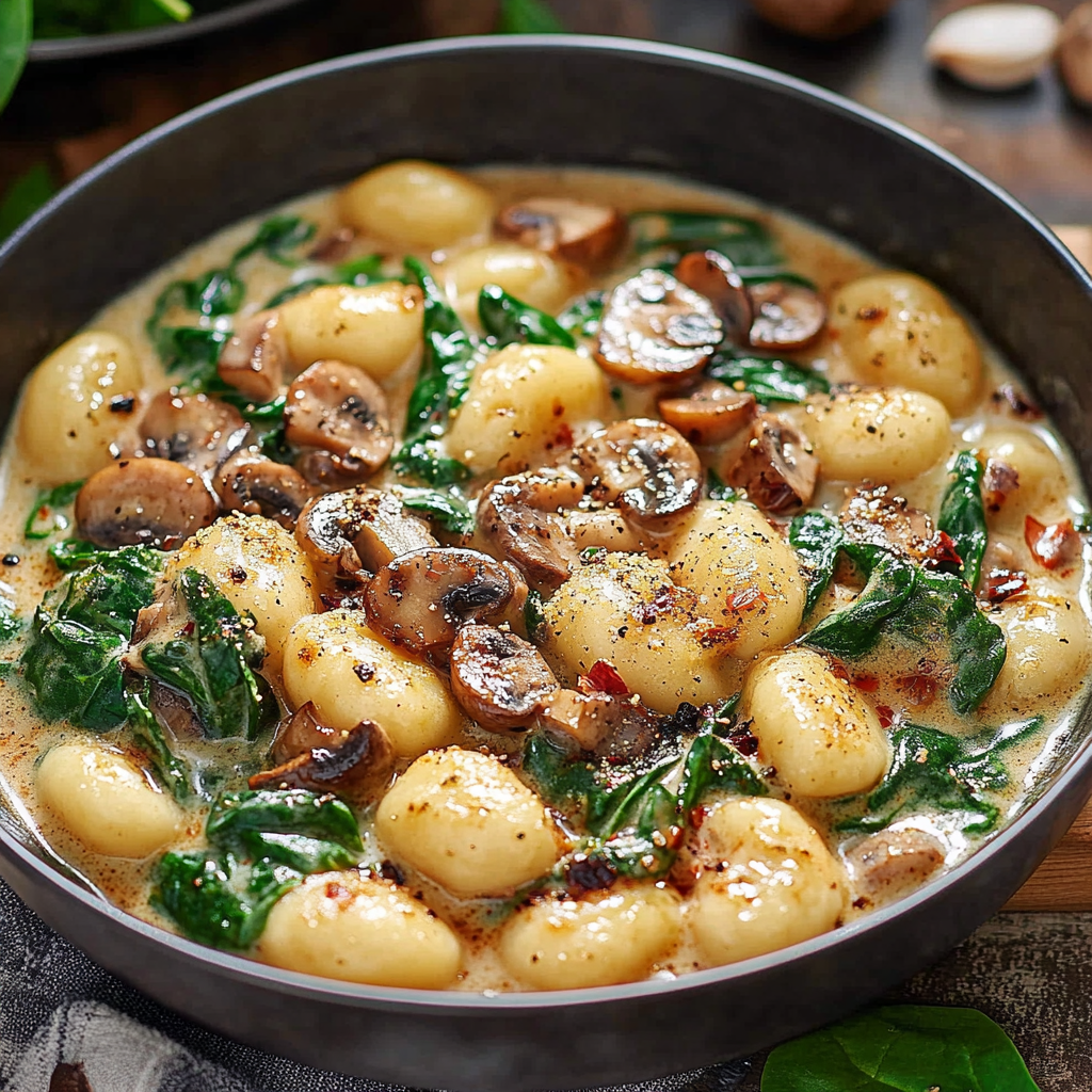 Gnocchis crémeux aux épinards et champignons à l’ail