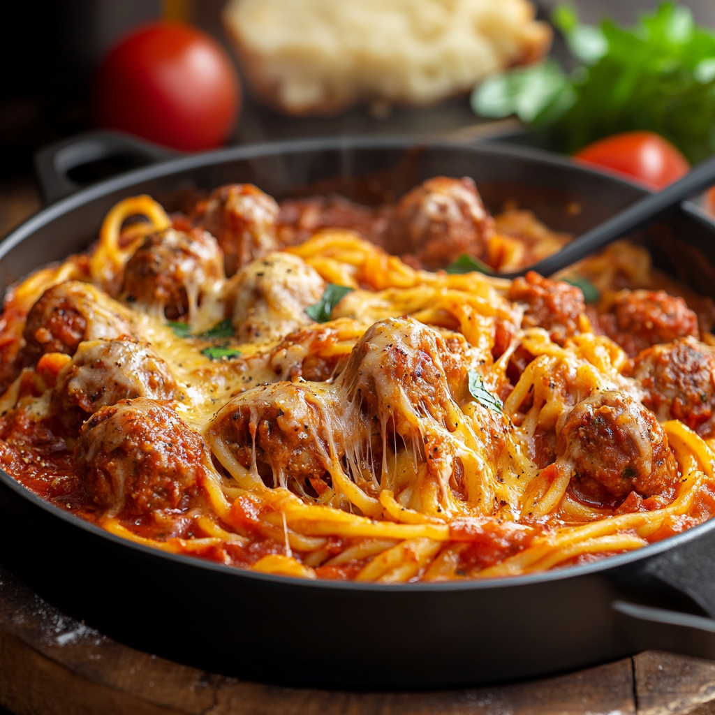 Gratin Linguine Boulettes en Sauce