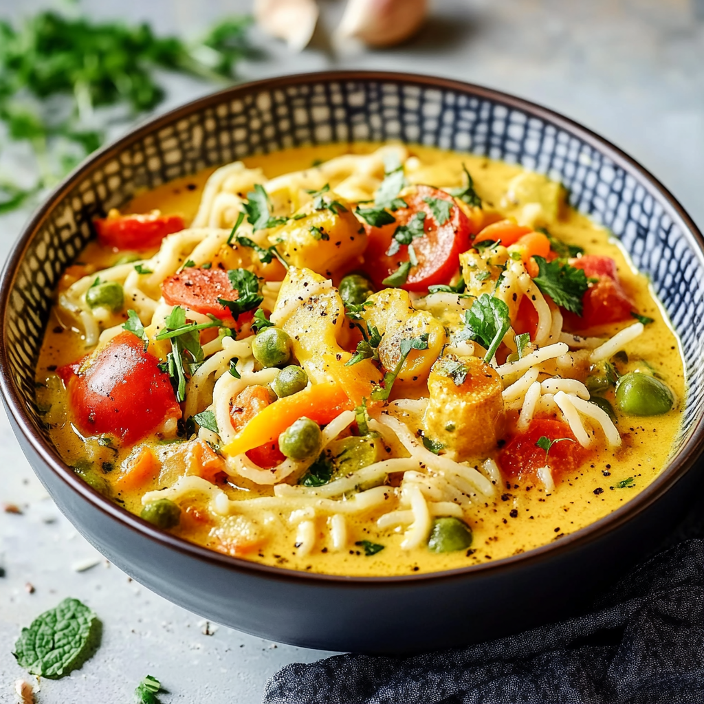 Pâtes aux légumes au curry et lait de coco