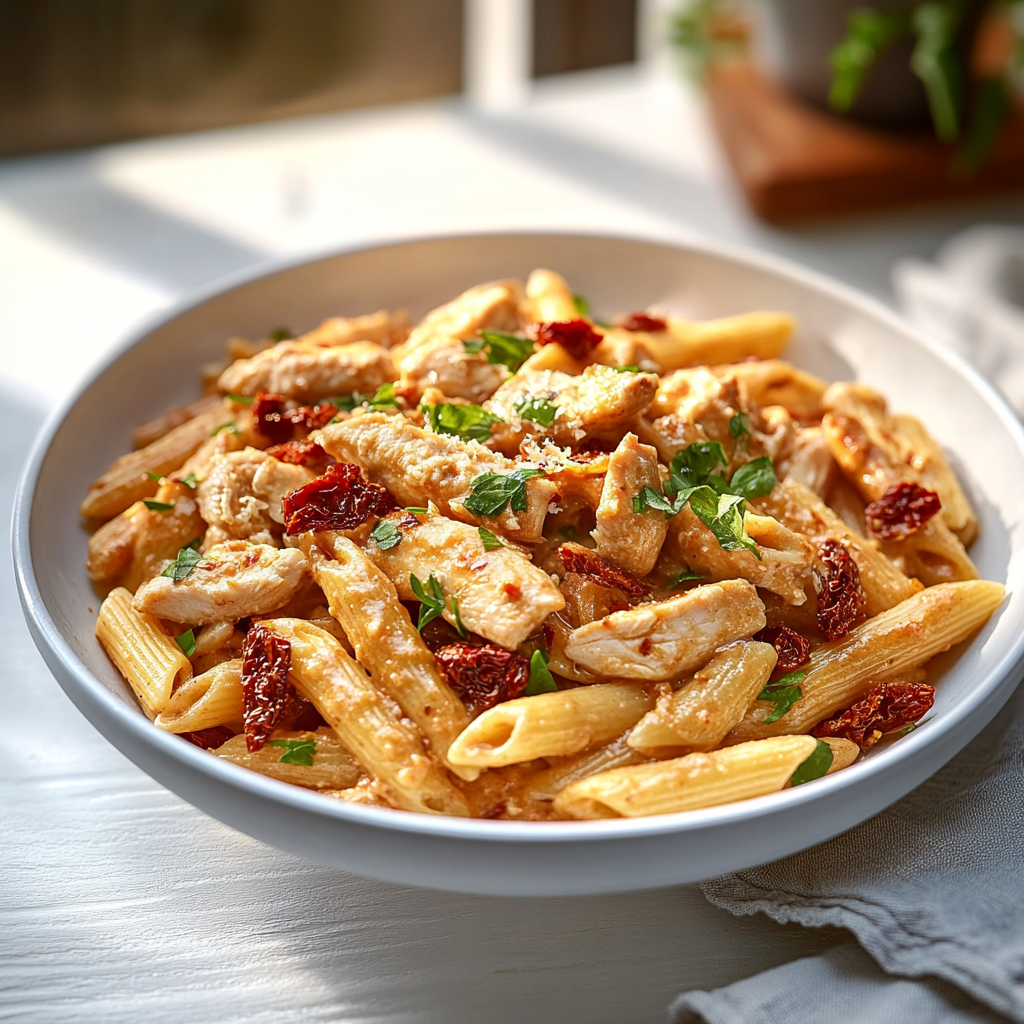 Pâtes crémeuses aux tomates séchées et poulet
