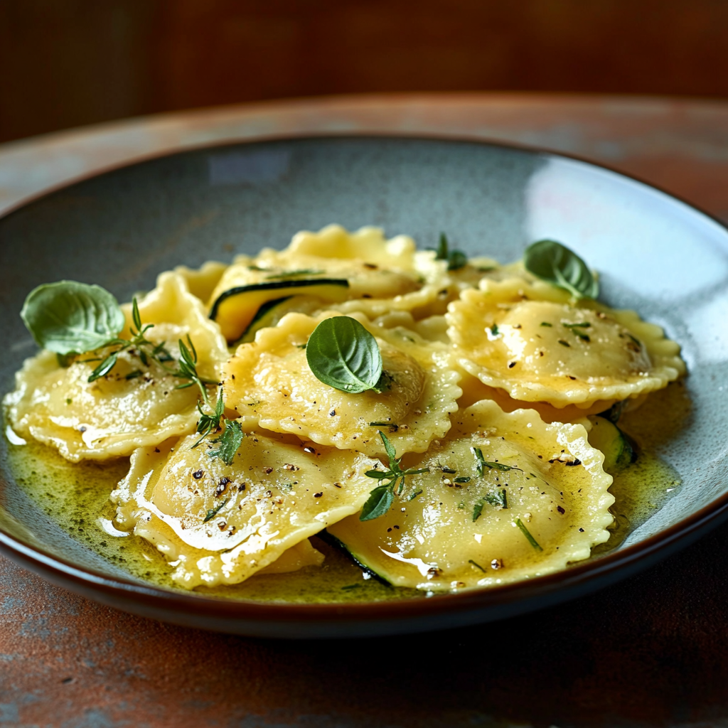 Raviolis Maïs-Courgettes en Sauce Ail