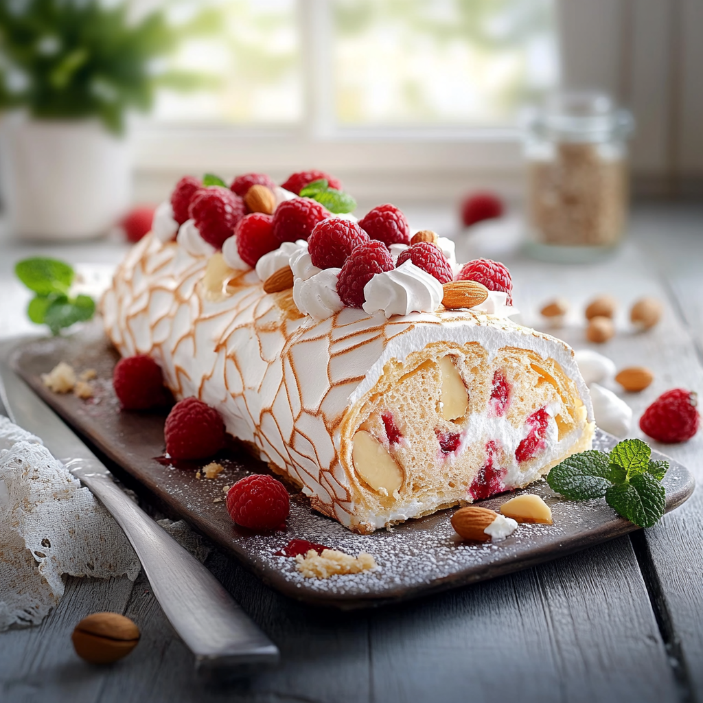 Roulade Meringuée Fraises & Amandes : Dessert Éclatant