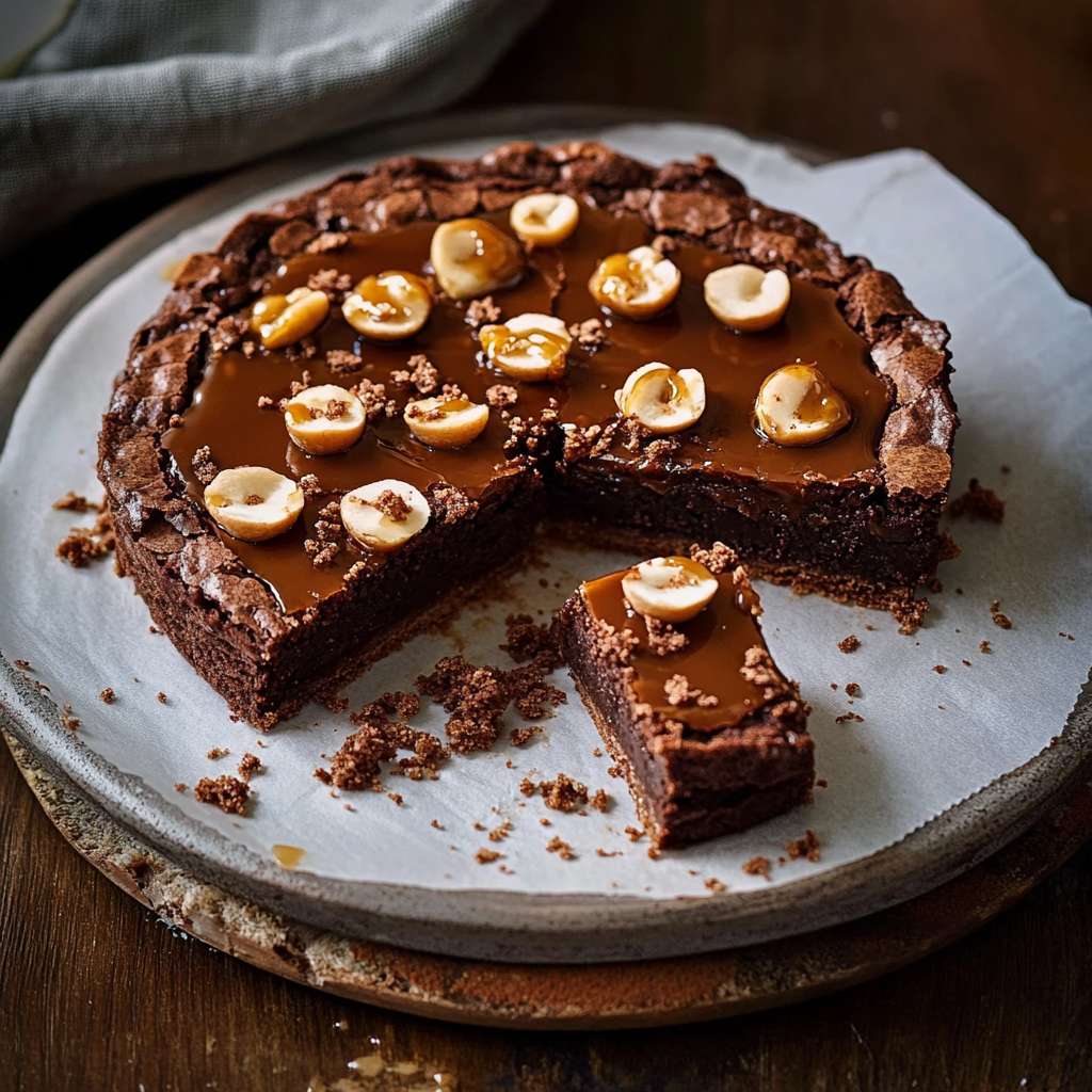 Tarte brownie, caramel & noisette