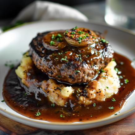 Salisbury Steak avec Purée de Pommes de Terre à l’Ail et Sauce aux Champignons et Oignons