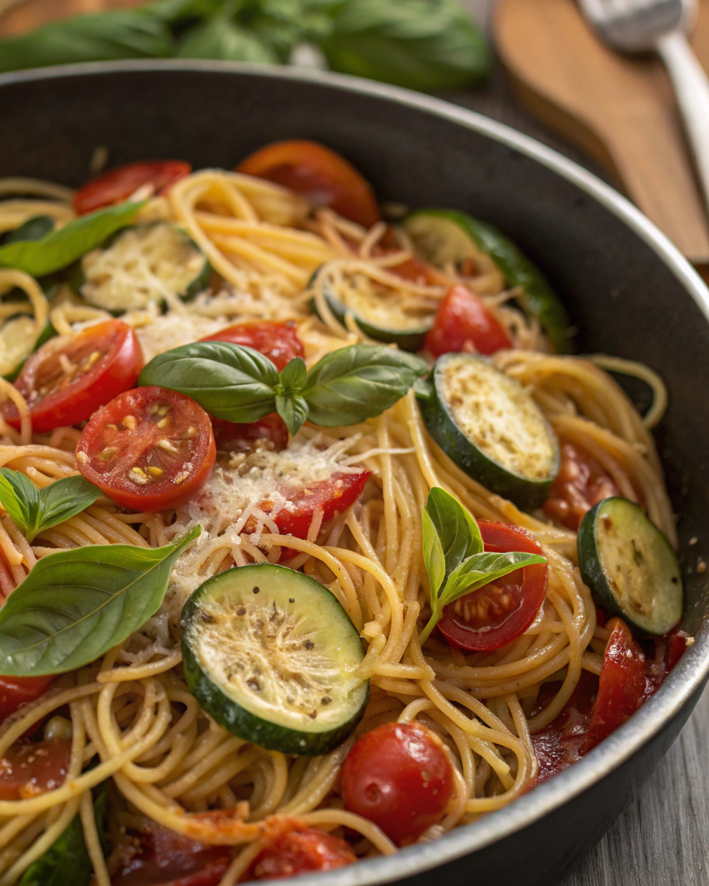 spaghettis tomates courgettes basilic