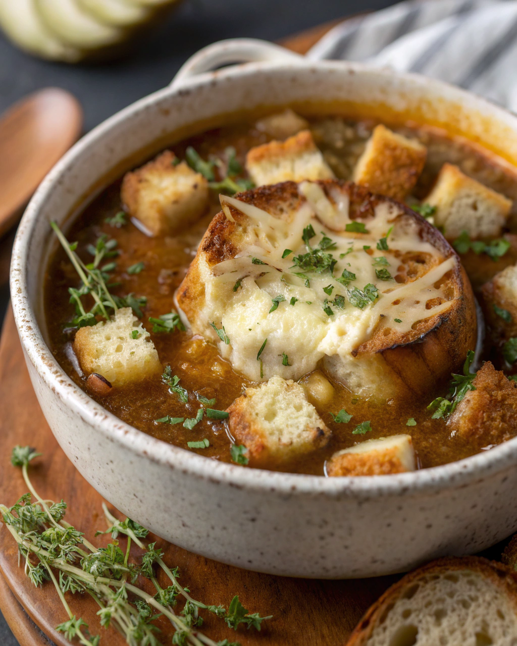 Soupe à loignon et ses croûtons gratinés au camembert