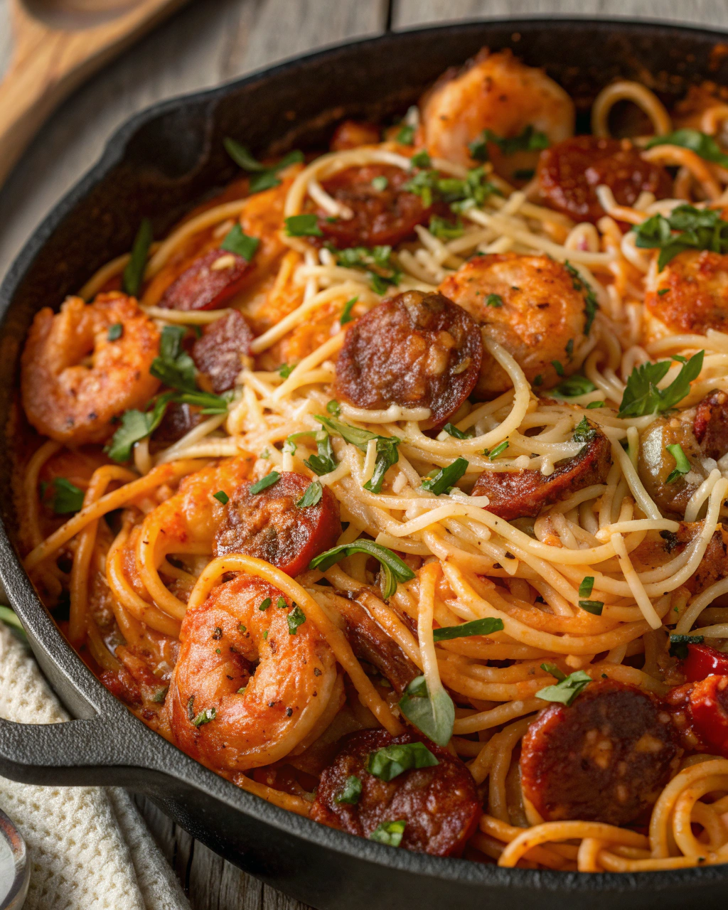 Délicieux spaghetti chorizo crevettes