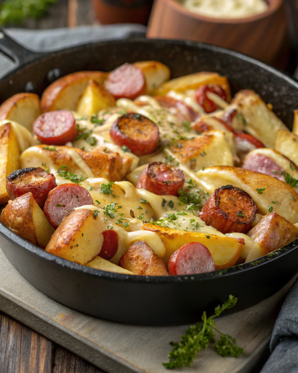 Pommes de Terre Croustillantes, Saucisse Fumée et Fromage Fondant