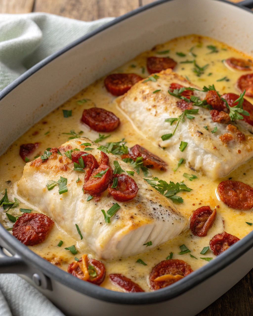 Dos de cabillaud à la crème de chorizo et écrasé de pommes de terre