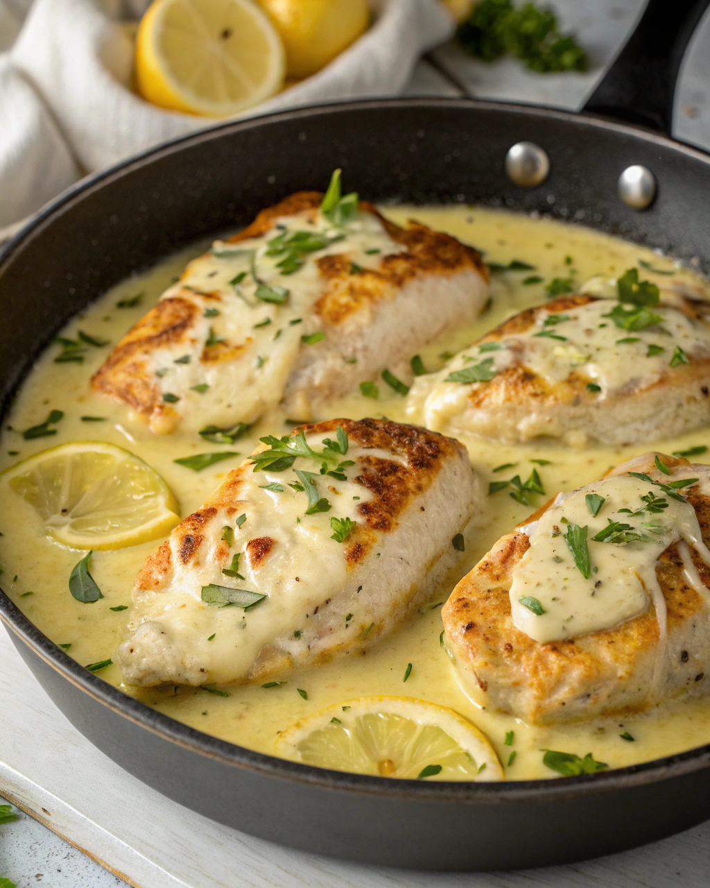 Filets de poulet tendres avec une sauce crème citronnée à lail