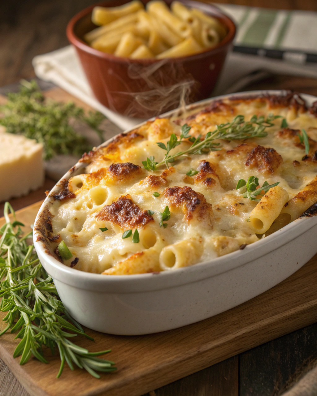 Macaronis gratinés au fromage, croustillants dessus et fondants dedans.