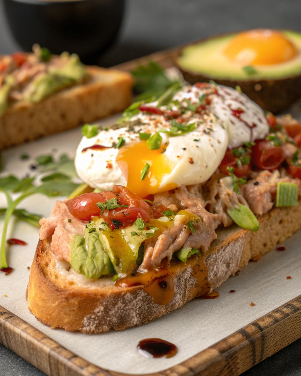 Bruschetta avec thon, avocat et œuf