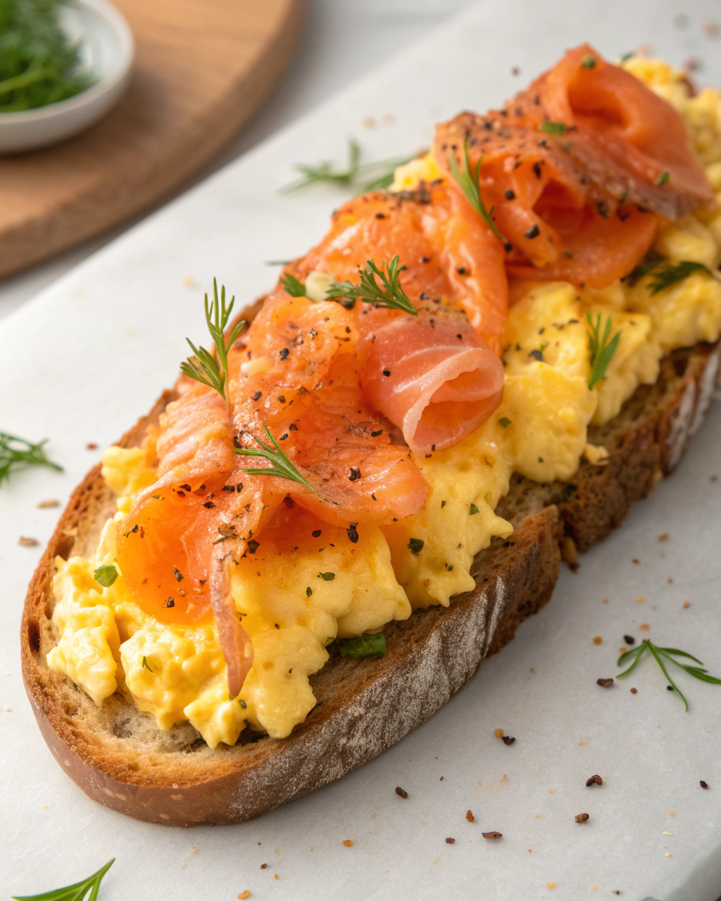 Tartine avec saumon et oeufs brouillés