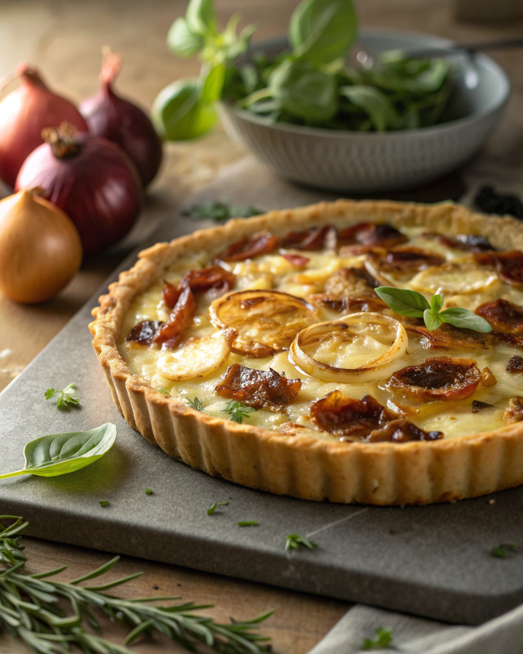 Tarte gourmande aux oignons, chèvre, lardons et miel