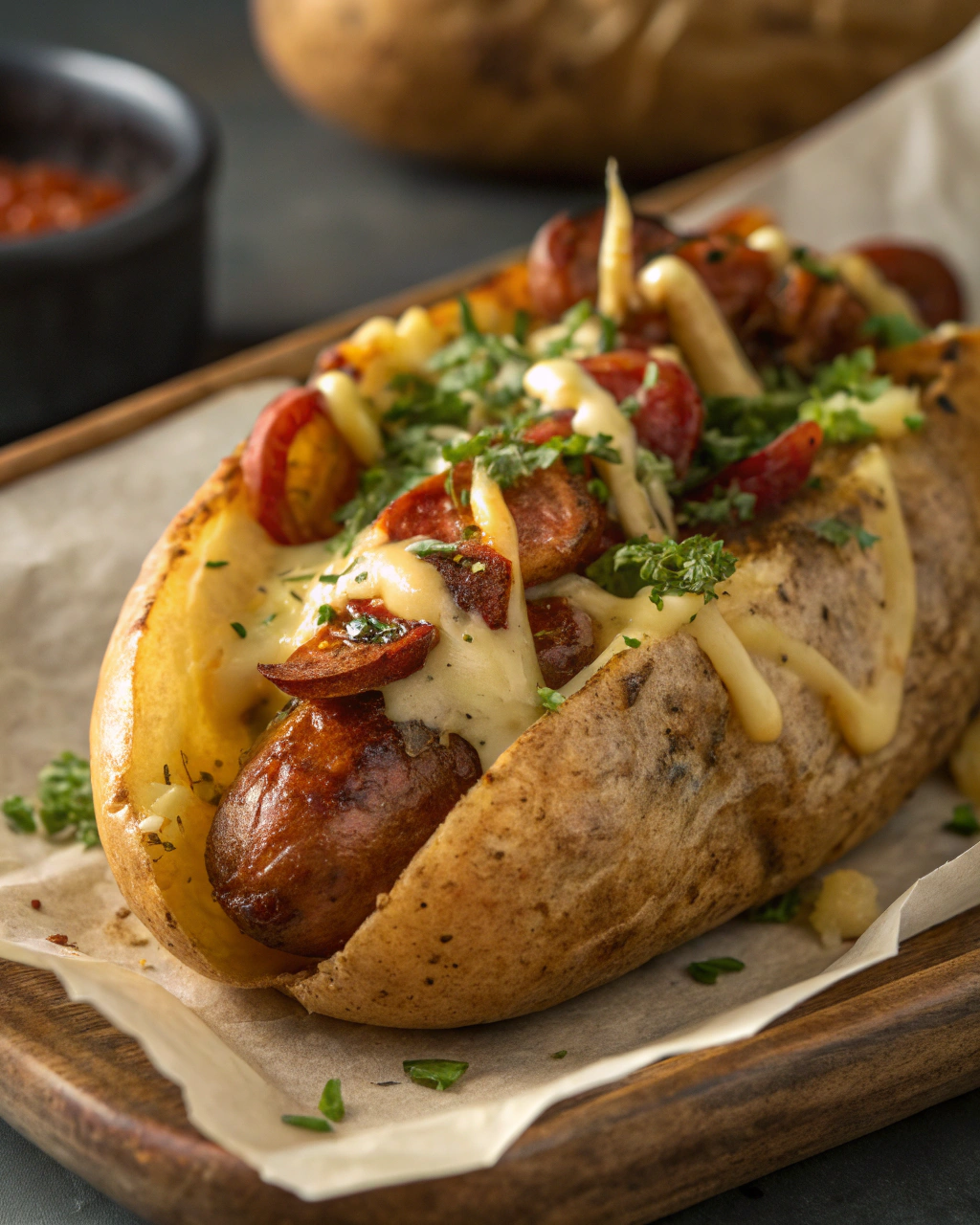 Pommes de Terre Croustillantes, Saucisse Fumée et Fromage Fondant