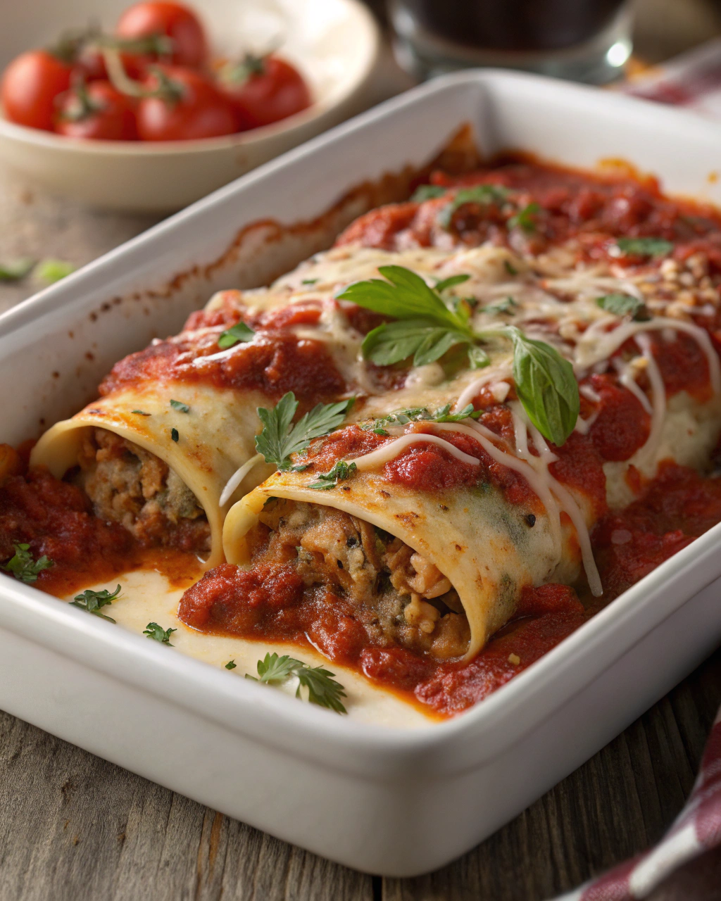 Cannellonis farcis à la viande hachée et à la sauce tomate