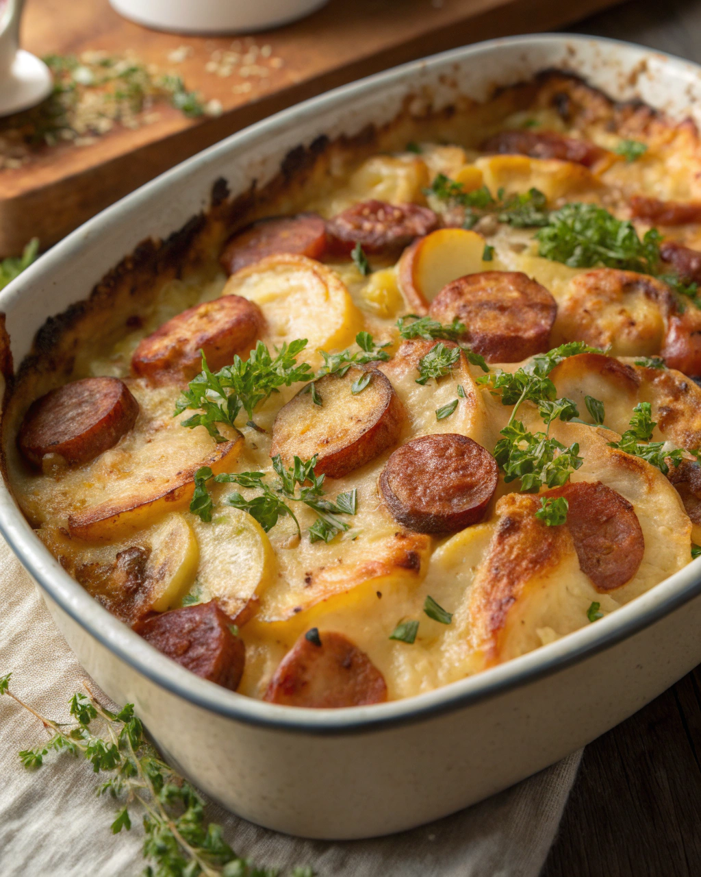 Gratin de Pommes de Terre au Maroilles et Saucisses Fumees