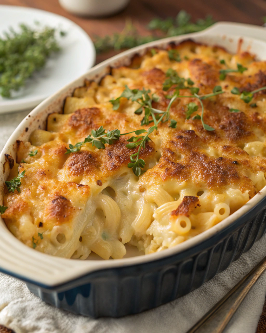 Macaronis gratinés au fromage, croustillants dessus et fondants dedans.