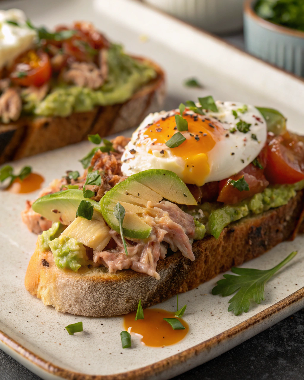 Bruschetta avec thon, avocat et œuf