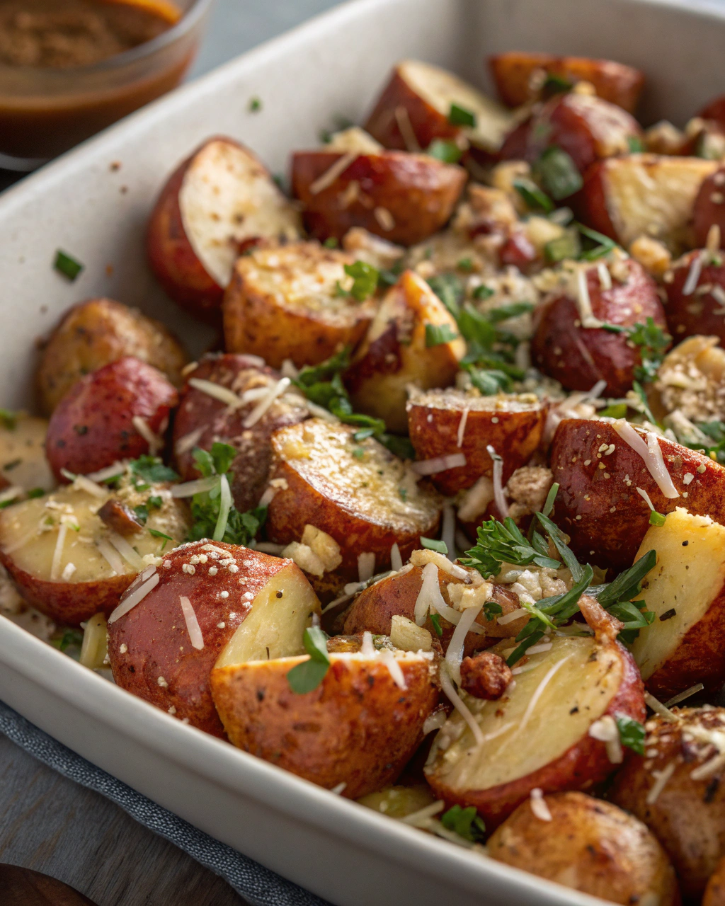 Des pommes de terre rouges rôties avec du beurre noisette, de lail, des herbes séchées et du parmesan fraîchement râpé