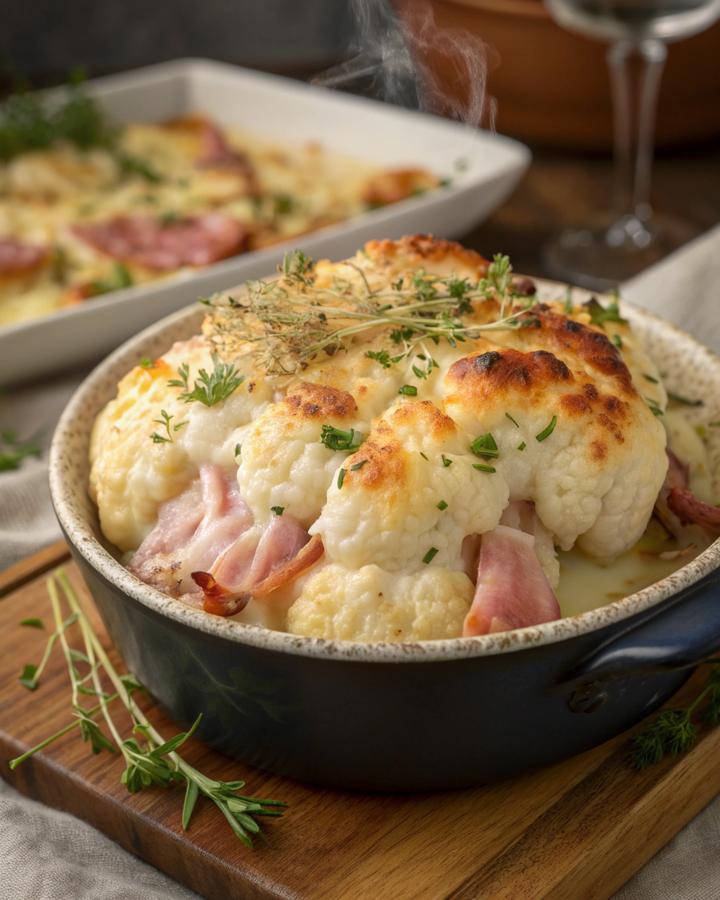 Chou-fleur au jambon et à la béchamel gratinée