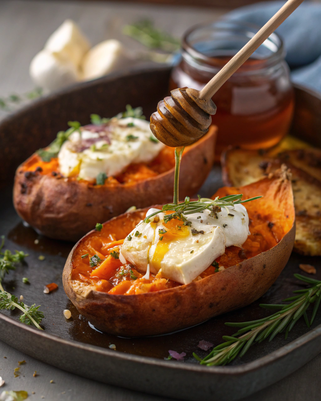 Patates Douces Rôties au Chèvre et au Miel : Une Explosion de Douceur et de Caractère