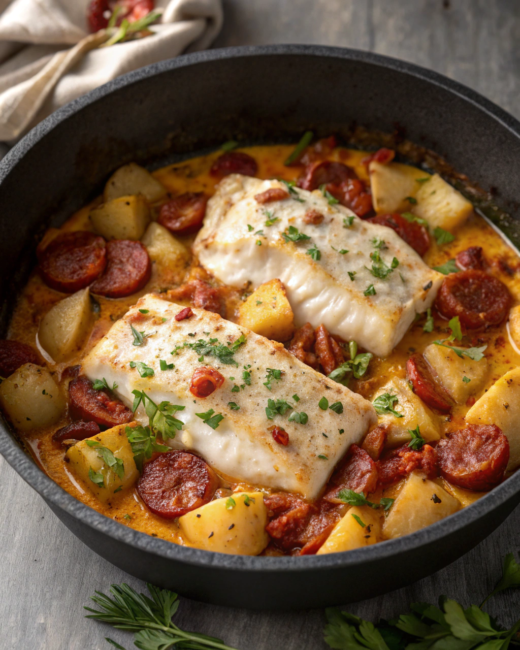 Dos de cabillaud à la crème de chorizo et écrasé de pommes de terre