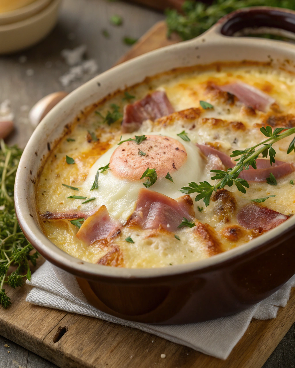Œufs cocotte à la béchamel, jambon et fromage gratiné