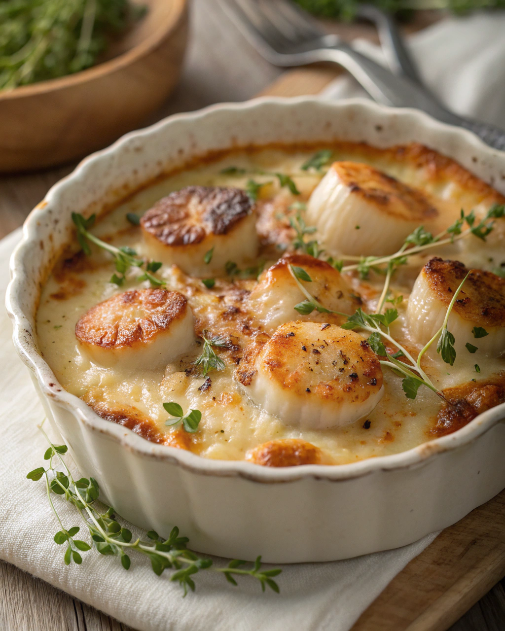 Gratin de Saint-Jacques fondantes à la crème onctueuse