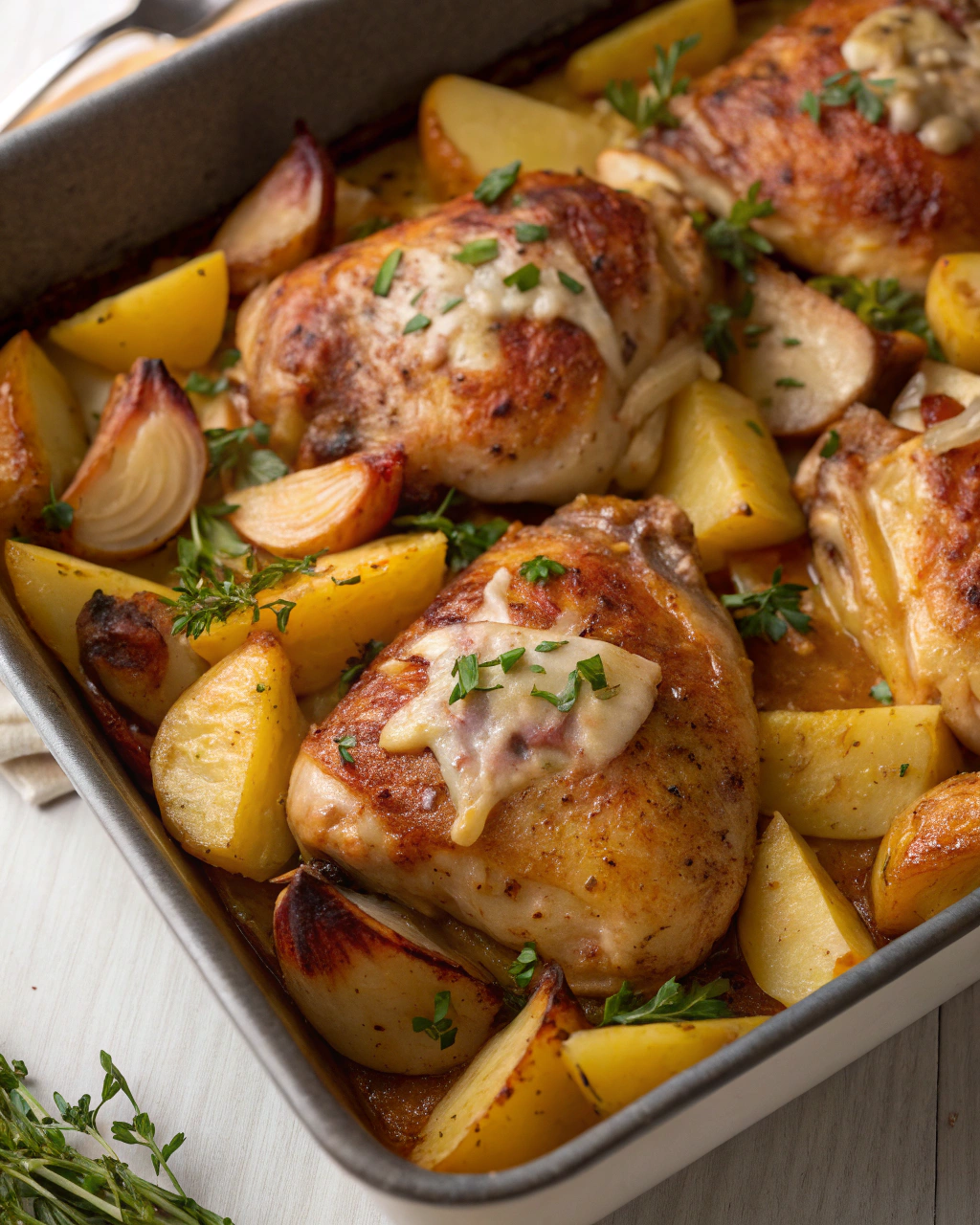 Cuisses de poulet au four et pommes de terre rôties à lail