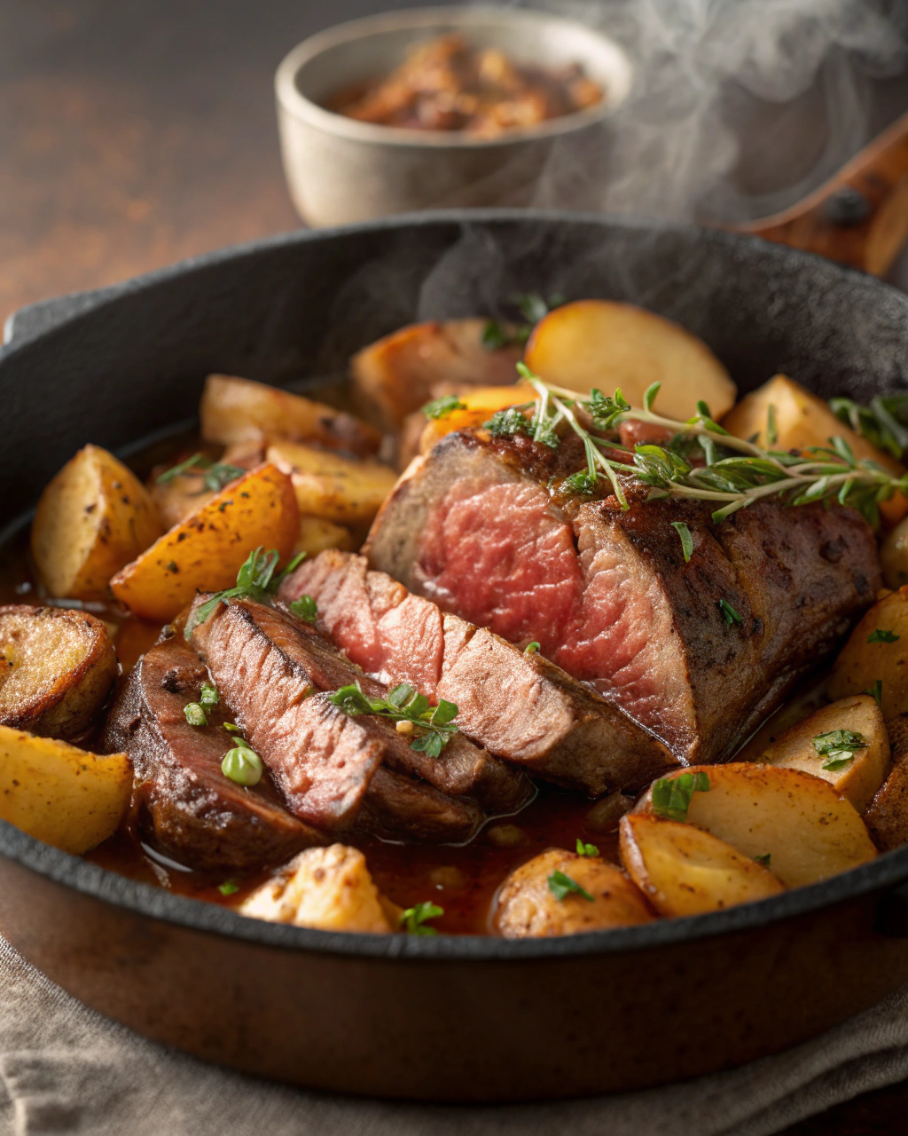 Rôti de bœuf braisé au cidre et pommes de terre