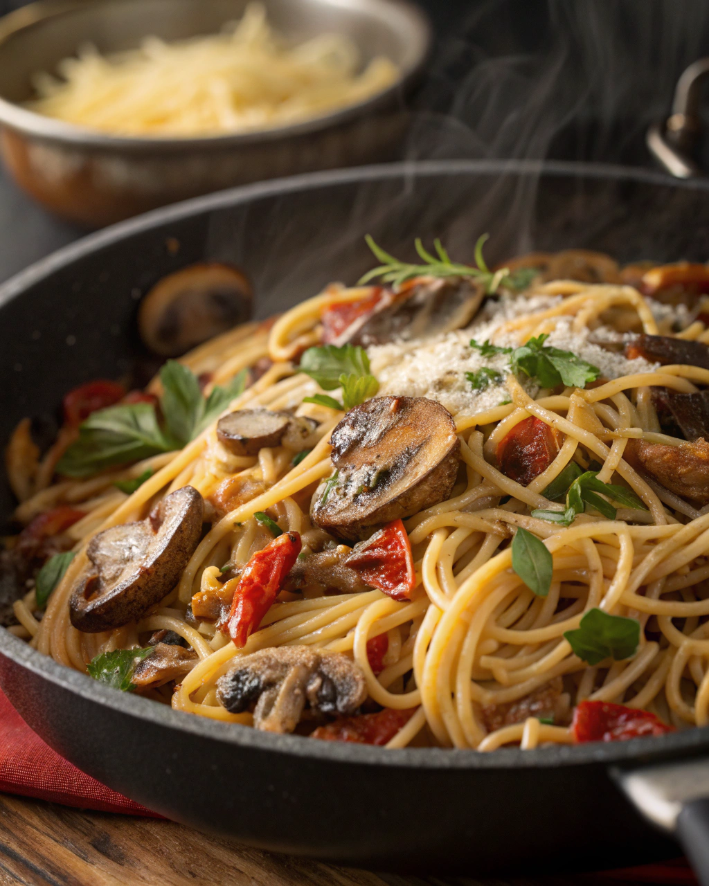 Spaghettis aux champignons poêlés, cuits en 30 minutes