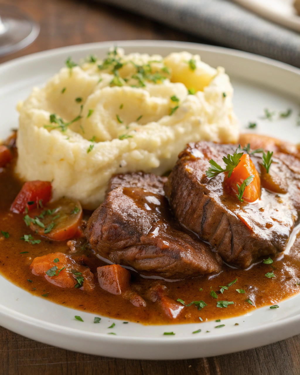 Rôti de bœuf mijoté avec sauce et purée de pommes de terre crémeuse