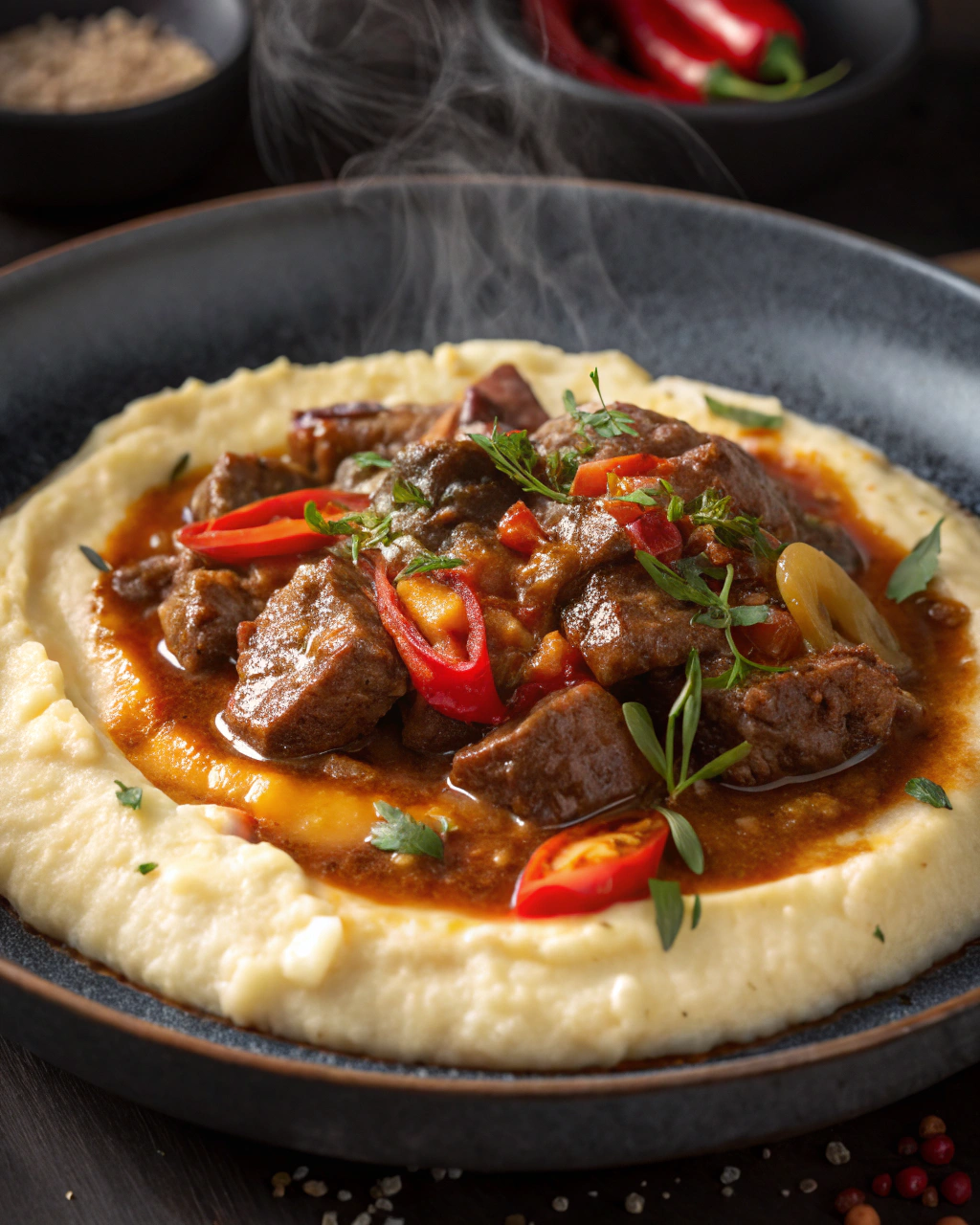 Bœuf Mijoté avec Sauce et Piments sur Purée de Pommes de Terre