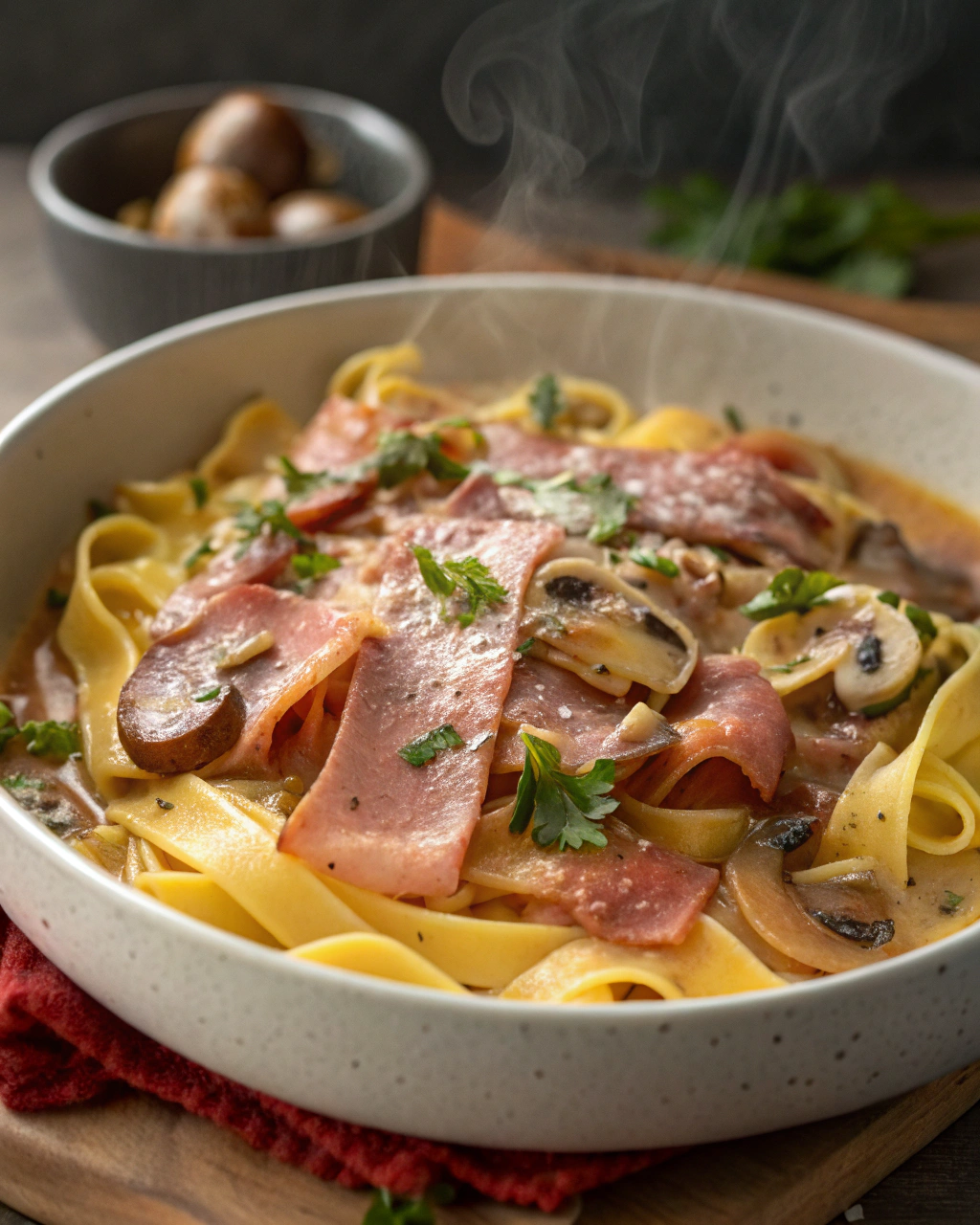 Jambon sauce Madère aux champignons accompagné de ses tagliatelles
