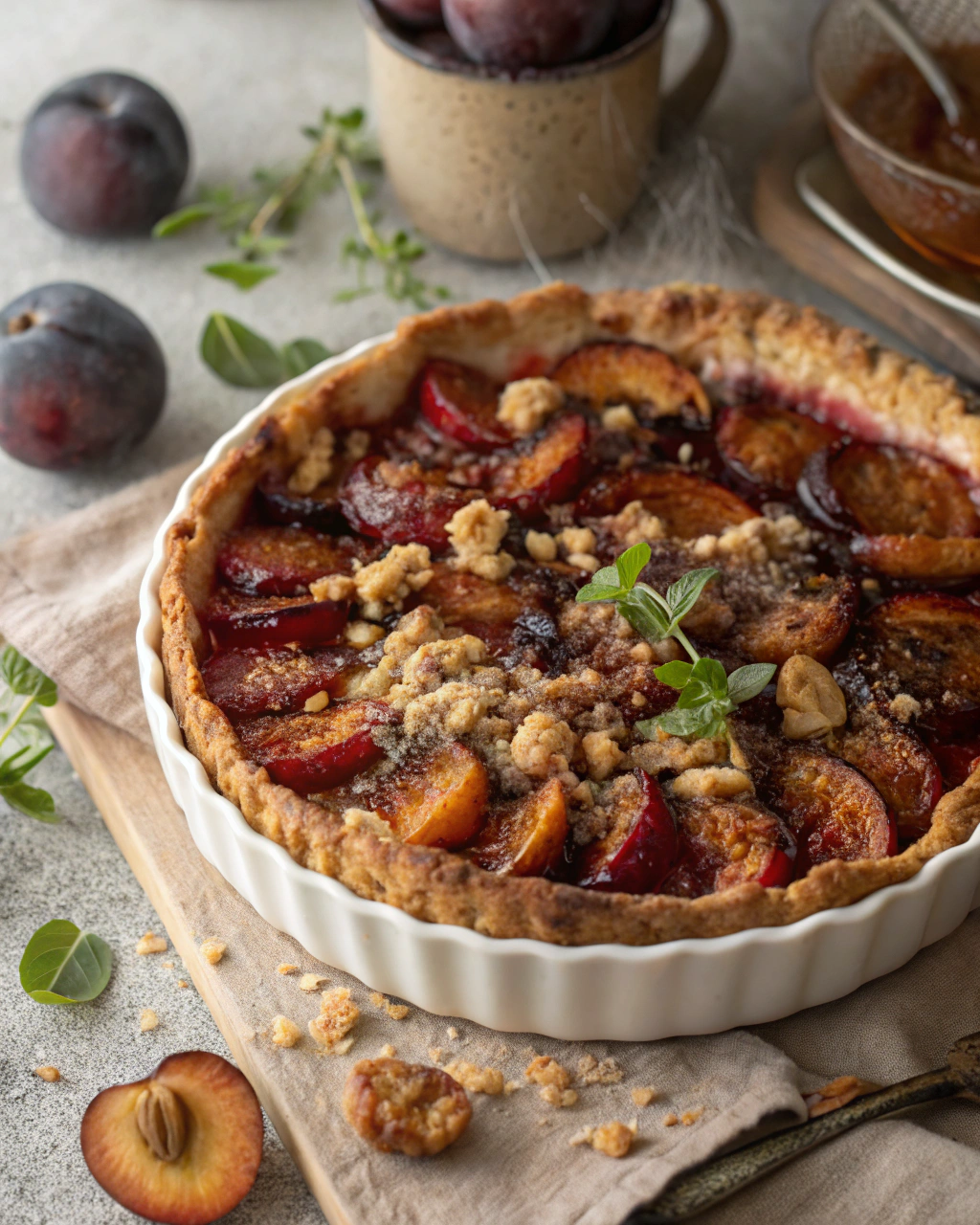 Gâteau aux prunes et crumble à la cannelle