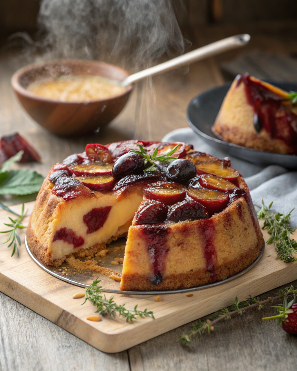 Gâteau aux prunes et pudding vanillé