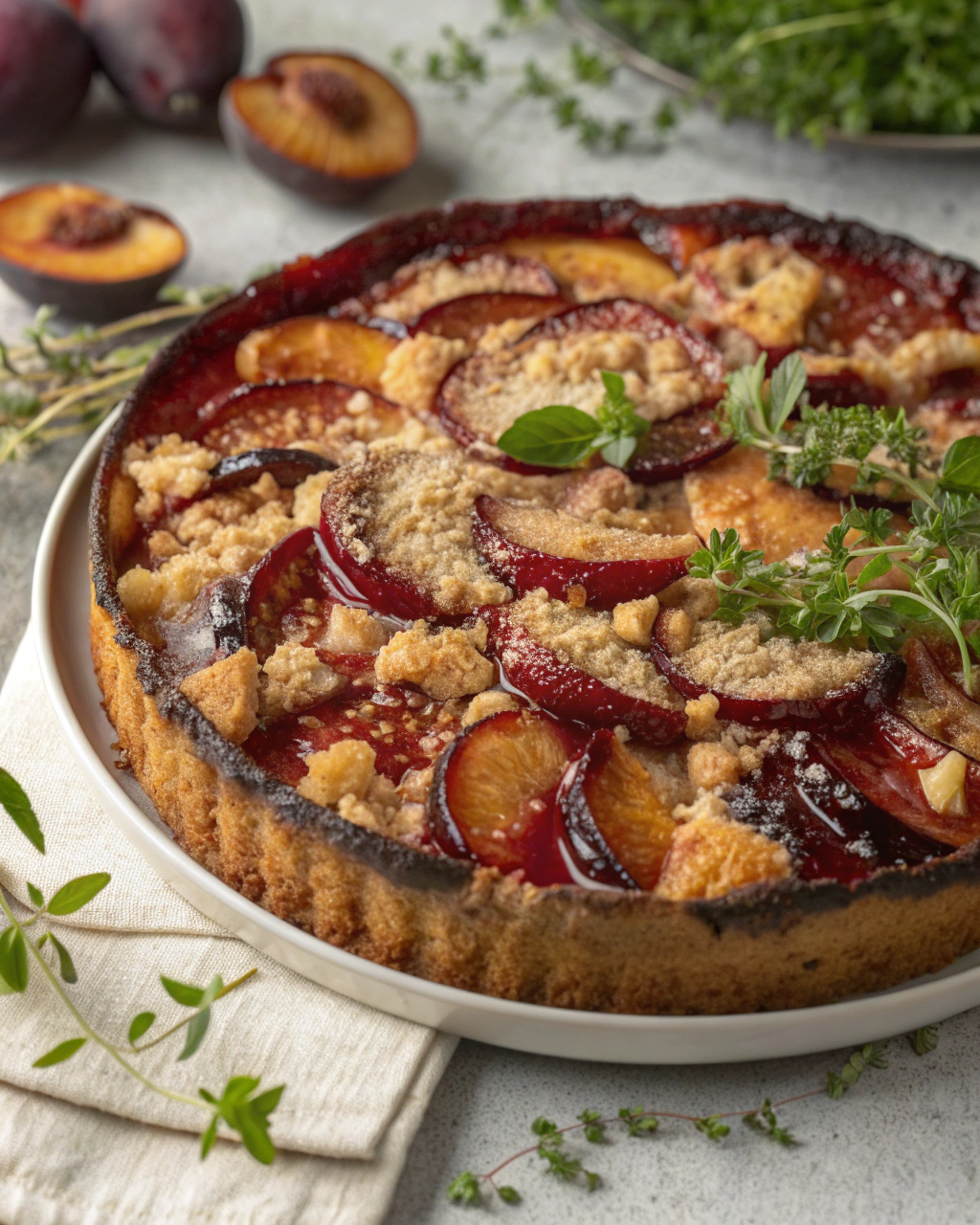 Gâteau aux prunes, crème et crumble