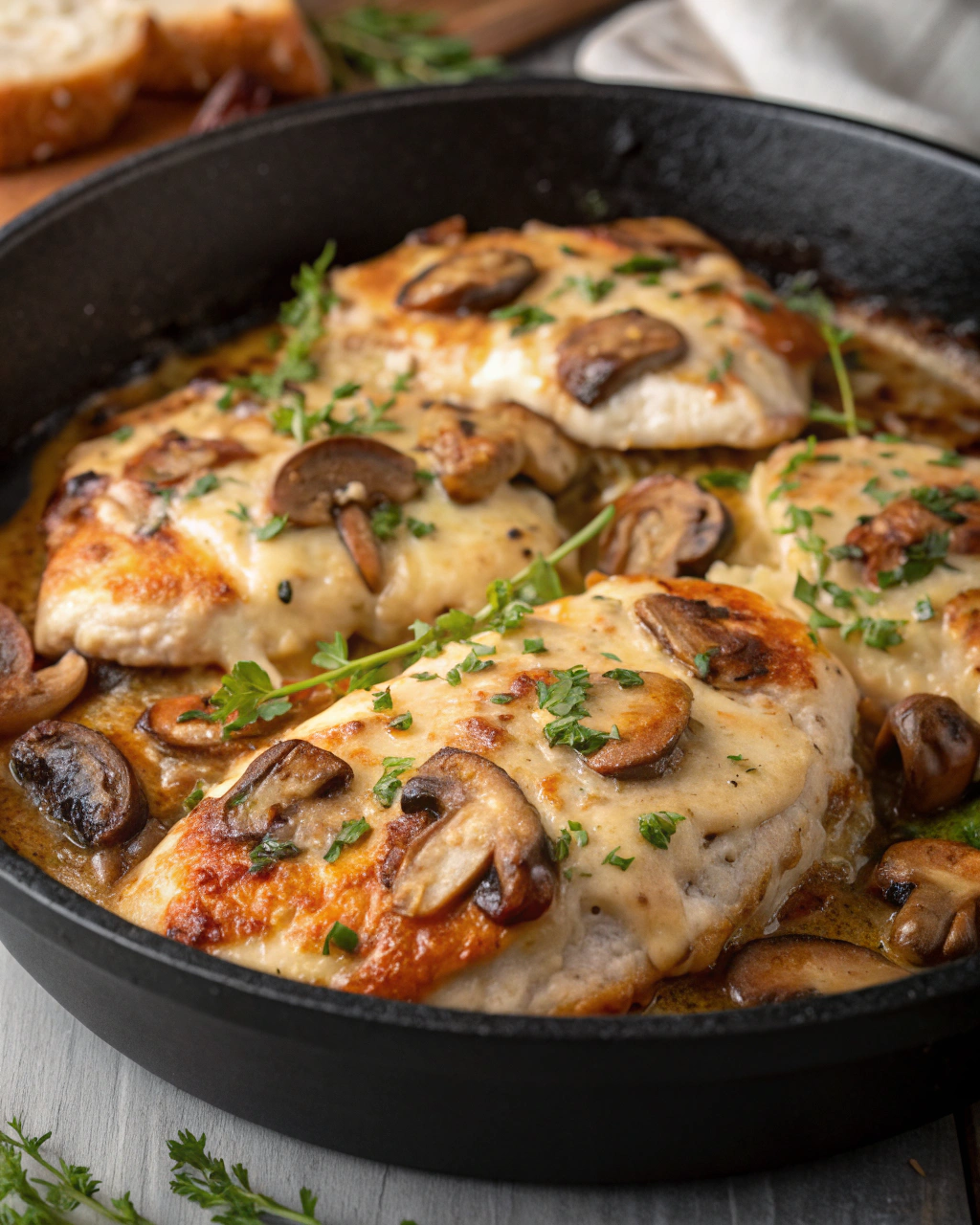 Filets de poulet gratinés aux champignons