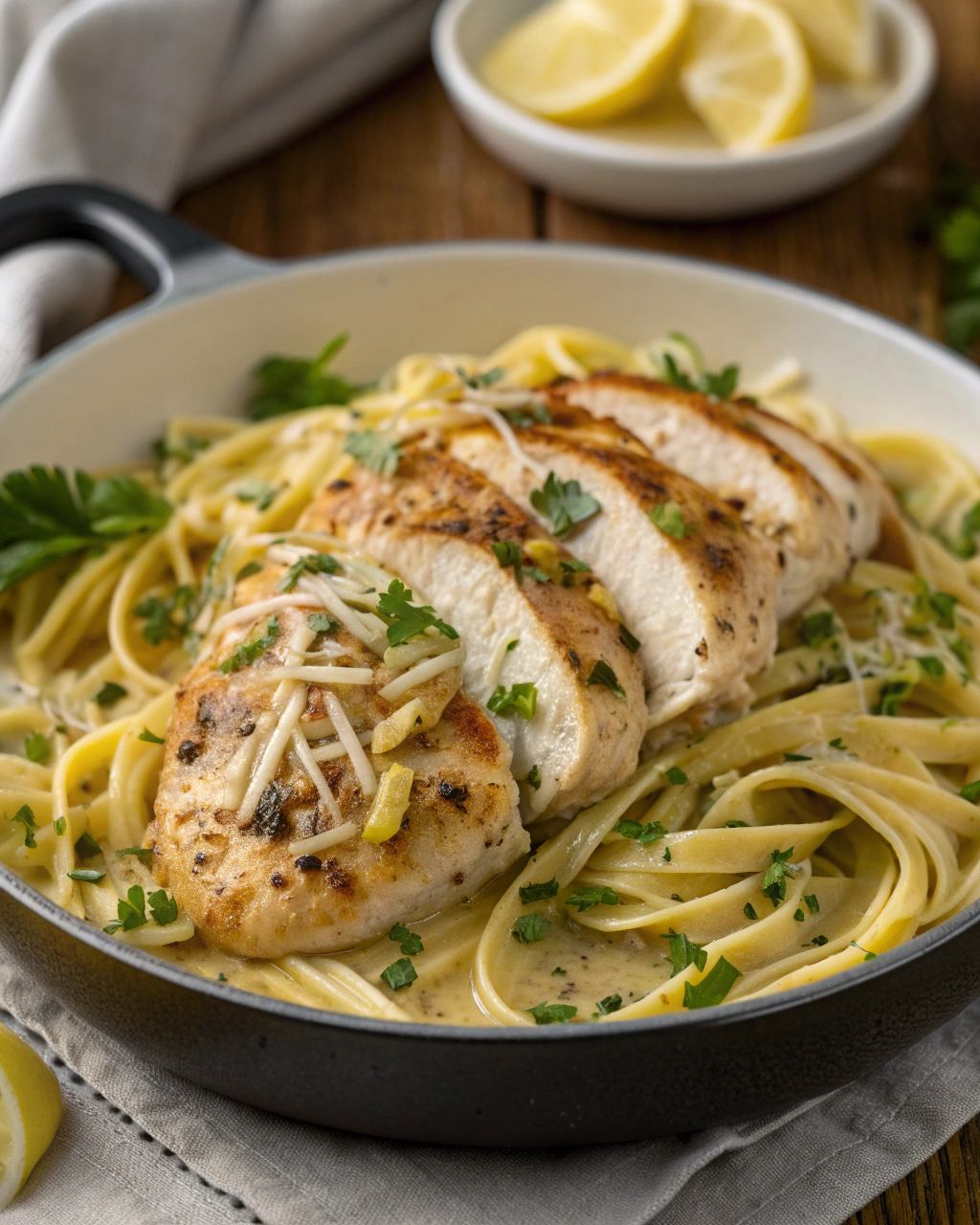 Poulet tendre citronné, associé à des linguines fines dans une sauce au beurre, ail et parmesan, rehaussée de persil.