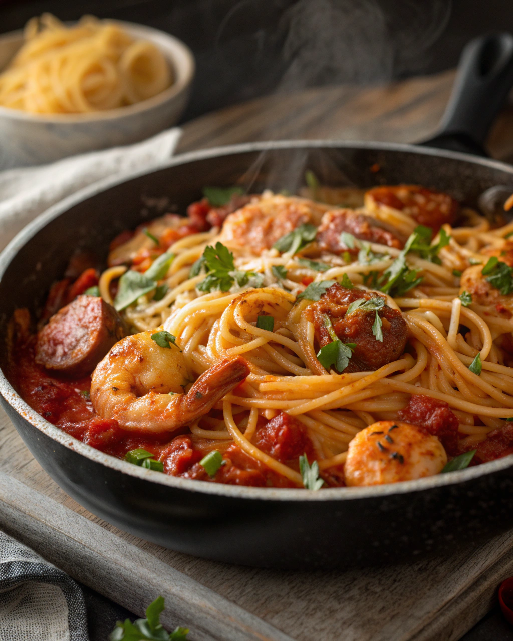 Spaghetti fondants combinés à des crevettes fraîches et un chorizo piquant, enveloppés dans une sauce riche au goût de tomate.